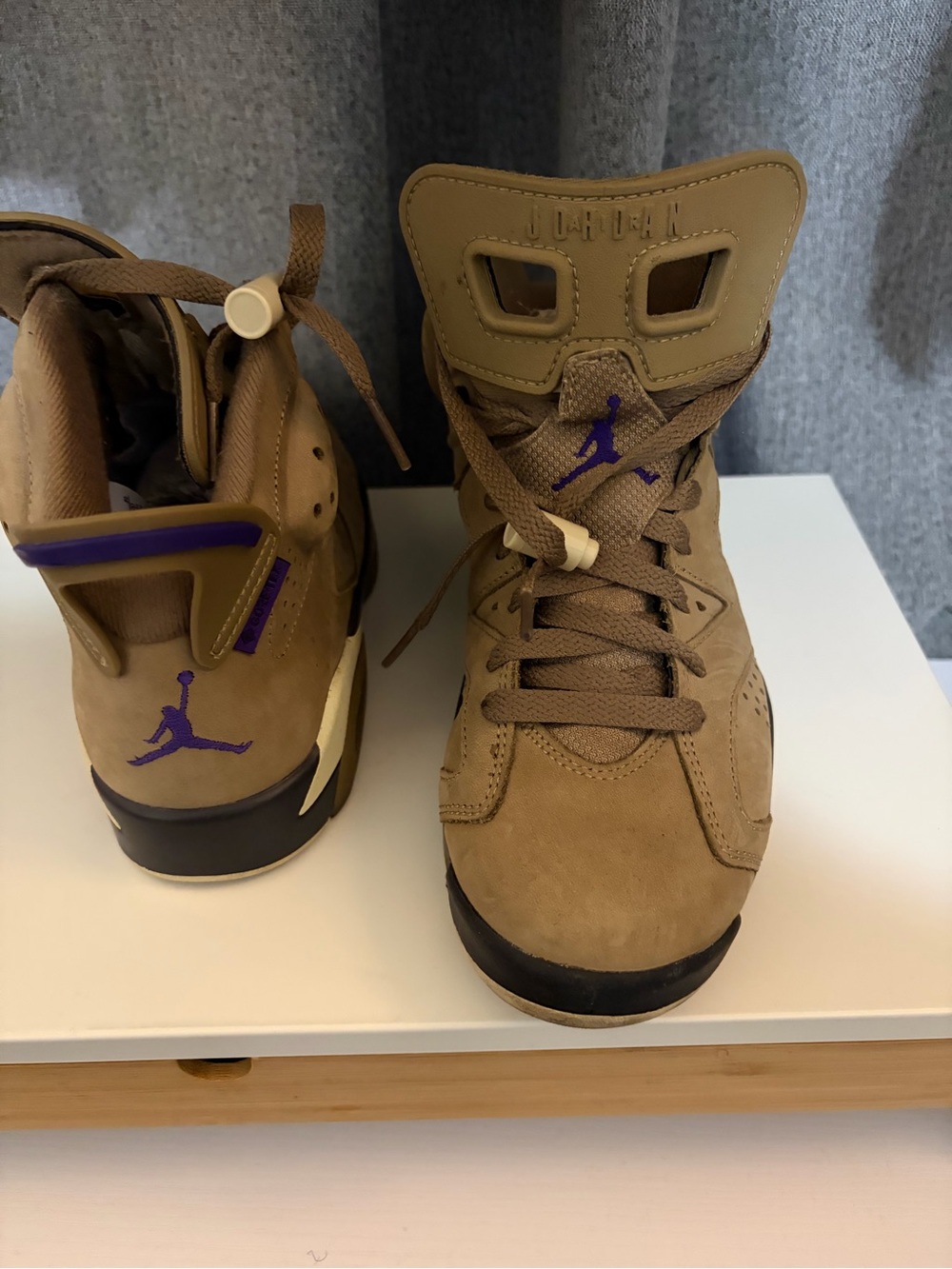 Jordan High-Top Sneakers in Tan with Purple Accents